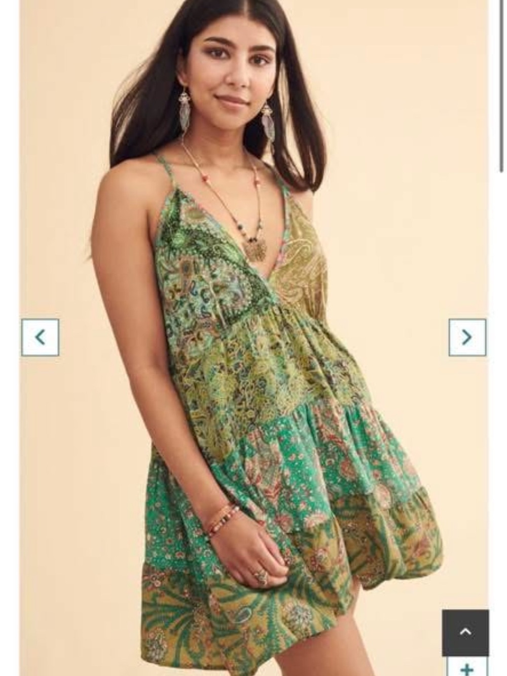EARTHBOUND Green Paisley Tiered Spaghetti Strap Mini Dress